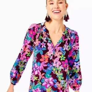 NWT Lilly Pulitzer Elsa Silk Top Blouse Cherry Ganache Bohemian Garden Size XL
